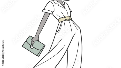 Illustration of a woman in a white jumpsuit with a belt holding a light green clutch in her hand