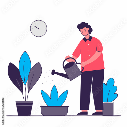 Flat vector of person performing plant care at home, watering indoor greenery in a calm, minimalist style ideal for wellness, nature, mindfulness and eco visuals