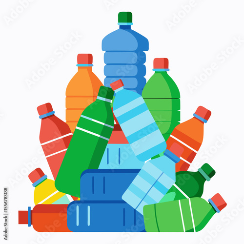 Colorful stack of plastic bottles in flat vector style, great for pollution awareness, garbage sorting, ocean waste campaigns, and zero-waste lifestyle education visuals