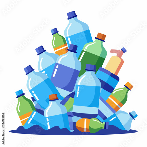 Vector scene of plastic waste pile in flat design, ideal for environmental education, recycling symbol use, ecological campaign illustrations, or zero-waste initiatives