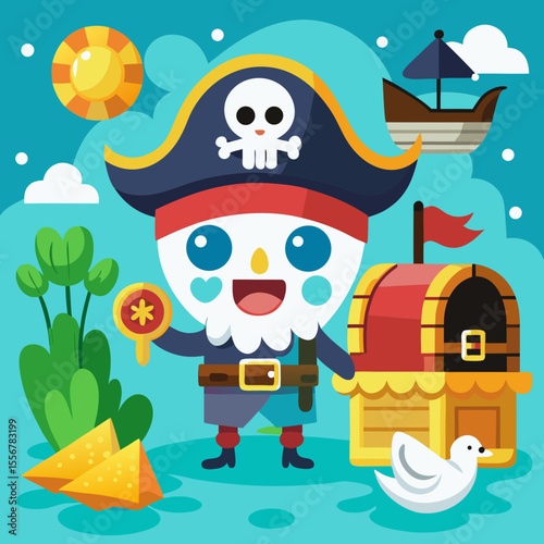 Cute pirate character holding a treasure map in cartoon vector style, perfect for children's books, treasure hunt games, fantasy island tales, and storytelling scenes
