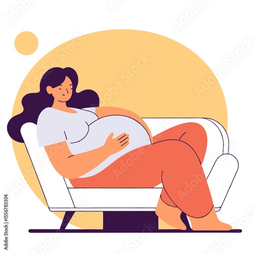 Pregnant woman in minimal pose relaxing at home, modern lifestyle concept vector showing wellness, calmness, health, maternity period and domestic self-care representation
