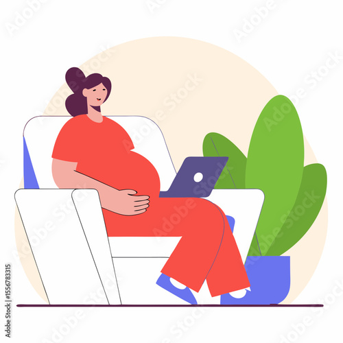 Expecting mother taking quiet rest in soft chair, flat-style pregnancy lifestyle illustration ideal for motherhood, maternity care, calm wellness, and health education scenes