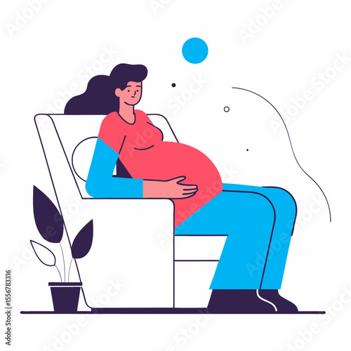 Minimal vector of relaxed pregnant woman seated comfortably, perfect for baby care, medical advice visuals, health apps, parenting blogs, and prenatal illustration themes