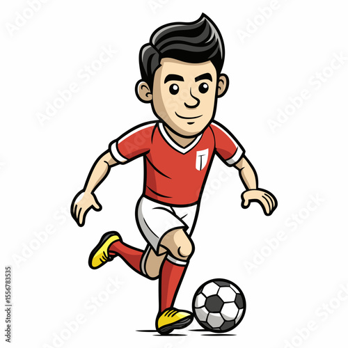 Comic-style soccer player vector in hand-drawn form, perfect for vintage sports posters, athlete-centered illustrations, and energetic football-themed graphic designs.
