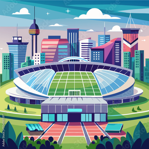 Vector illustration of sports stadium with football field, ideal for sports event graphics, arena construction, tournament promotions, and competitive match environment designs.
