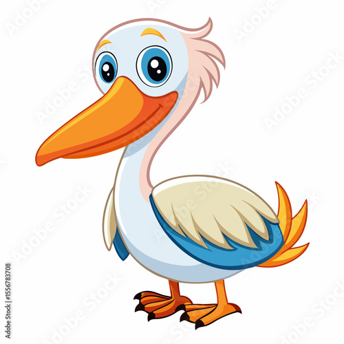 Flat vector cartoon pelican in friendly and colorful style, ideal for children’s books, tropical decor, aquatic wildlife education, and animal-themed digital illustration content.