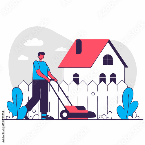 Flat vector of man mowing lawn in home garden, designed for outdoor maintenance, spring yard care, eco-friendly landscaping visuals, and residential greenery upkeep themes.