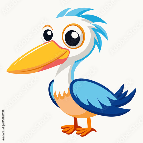 Vector cartoon illustration of cute pelican standing with large beak on white background, ideal for animal-themed designs, kids content, educational wildlife visuals, and decor.