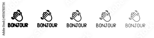 Bonjour text with hand wave icon thin flat outline style vector sign