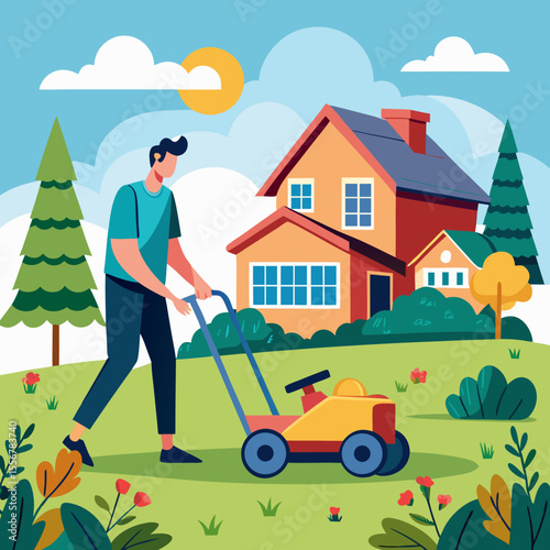 Flat vector artwork of male gardener cutting grass with mower, perfect for lawn care services, outdoor maintenance promotions, backyard visuals, and eco-conscious home graphics.