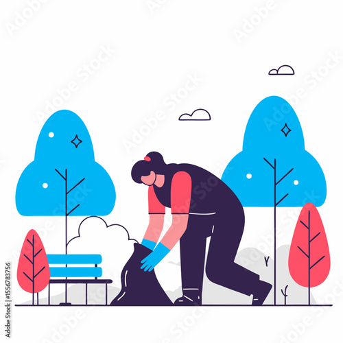 Illustration of woman cleaning up trash in park under trees, designed for environmental activism, recycling campaigns, and community cleanup day promotional content.