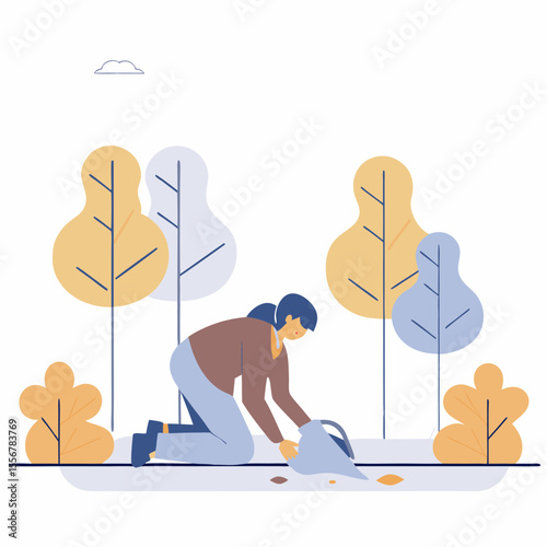Illustration of female volunteer collecting trash in a clean park surrounded by trees, perfect for waste reduction, eco-education, green lifestyle branding, and civic duty campaigns.