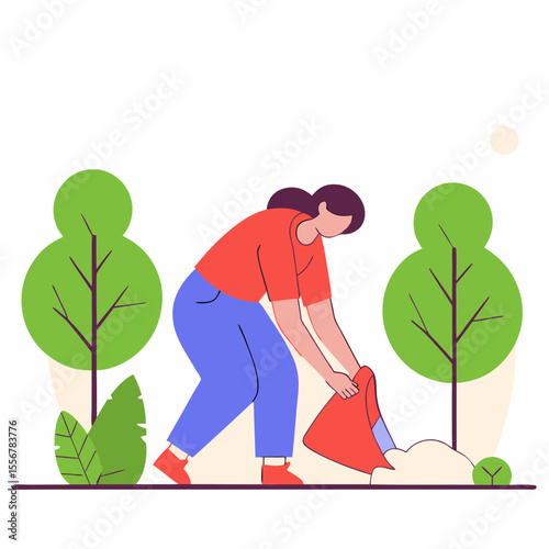 Flat vector of woman picking up trash in green park environment, perfect for eco-awareness, sustainability campaigns, environmental care, and public cleanliness illustrations.