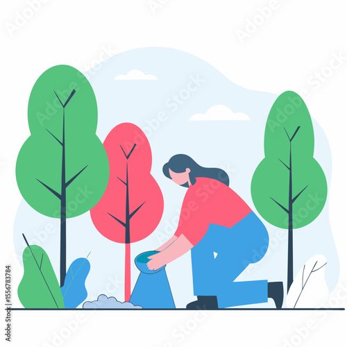 Vector design of woman picking up trash in eco-friendly park setting, ideal for sustainability campaigns, nature care messaging, and environmental awareness design content.