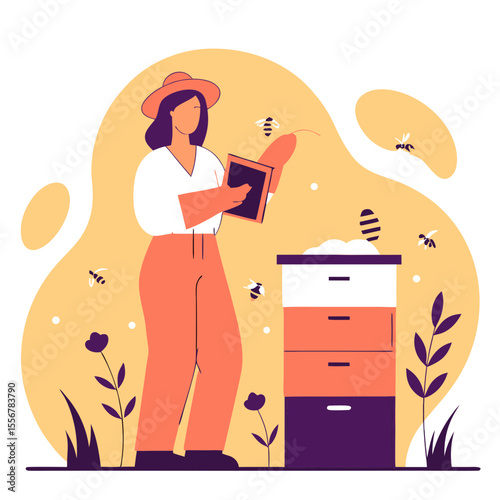 Flat vector illustration of woman in beekeeping suit tending to bees near hive, ideal for agriculture, honey production, environmental care, and rural lifestyle themes.