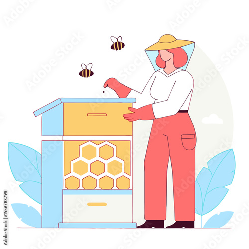 Minimal vector illustration of female beekeeper in suit managing honeybee hives, great for nature care, apiculture, farm life visuals, and organic honey-related graphic projects.