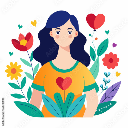Flat vector artwork of woman with floral bouquet and heart, soft and elegant design representing love, joy, and femininity