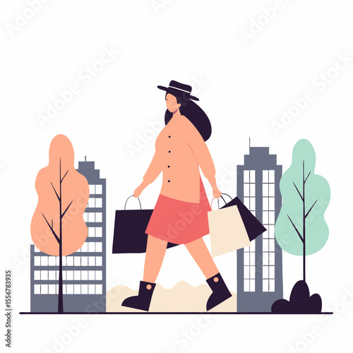 Modern fashionable woman in city street, wearing stylish outfit, urban flat vector concept of fashion and independence