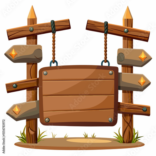 Blank wooden signage board suspended with twine, textured vector illustration for commercial or decorative use