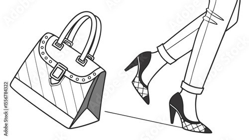 Illustration of a handbag with handles and a pair of legs in heels and jeans walking forward fashionably