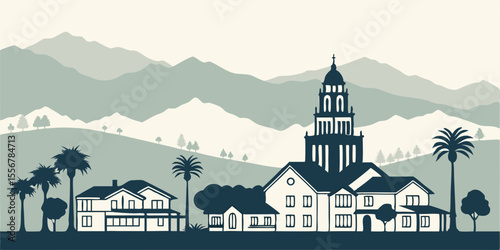 Corona skyline silhouette vector with city hall, mountains, and suburban neighborhoods. Perfect for Inland Empire and SoCal growth-themed art.