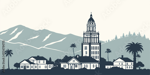 Corona skyline silhouette vector with city hall, mountains, and suburban neighborhoods. Perfect for Inland Empire and SoCal growth-themed art.
