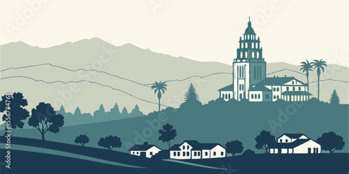 Corona skyline vector: city hall, mountains, suburbs. Ideal for Inland Empire/SoCal growth art.