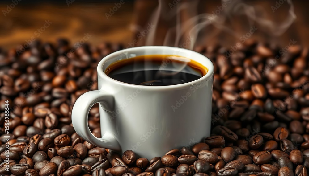 Fototapeta premium Steam rises from dark roasted coffee in a classic white mug, surrounded by coffee beans, brew, detail