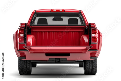 Red pickup truck with open tailgate rear cargo view