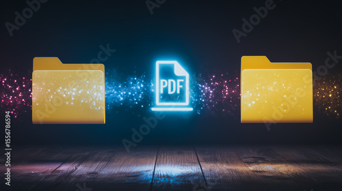 Data Transfer Visualization: A digital PDF file streams seamlessly between two folders in a glowing display, a concept of digital information exchange and data processing.