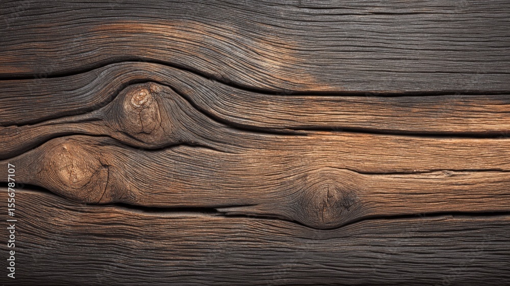 Naklejka premium Close-up of weathered wooden surface with visible grains knotholes and textured natural dark brown rustic planks background