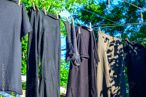 Laundry drying in the wind on a close line