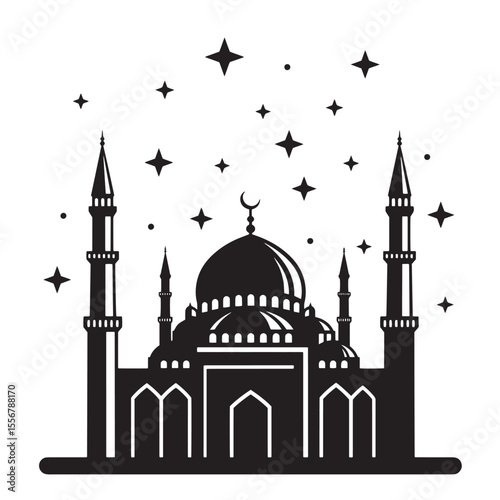 Black and white illustration of a mosque with stars and crescent moon design