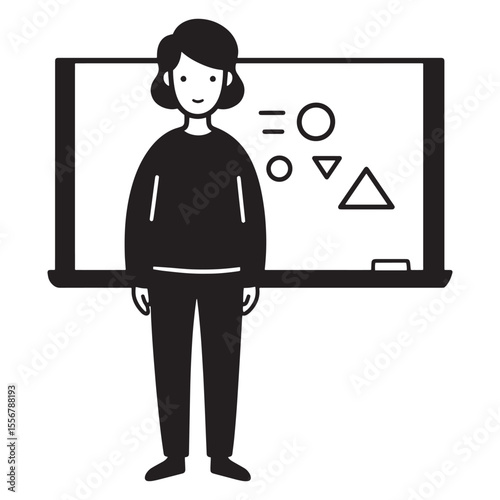 Black and white illustration of a teacher standing in front of a classroom blackboard