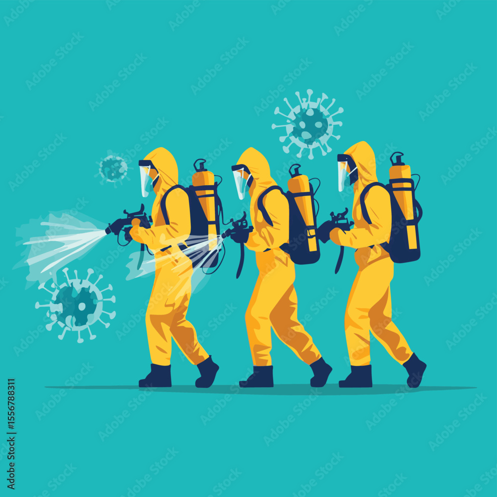 Obraz premium people with protective suit or spraying viruses of covid 19, desinfection virus concept, vector style simple color