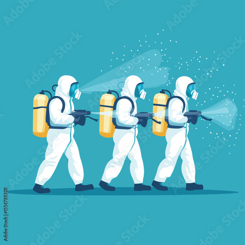 people with protective suit or spraying viruses of covid 19, desinfection virus concept, vector style simple color