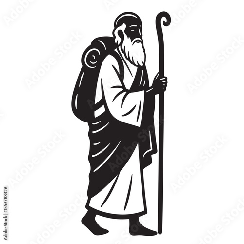 Black and white illustration of a walking old man carrying a backpack with a cane