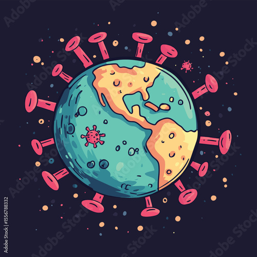 covid19 virus particles pandemic with earth planet vector illustration design, vector style simple color