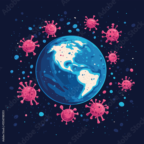 covid19 virus particles pandemic with earth planet vector illustration design, vector style simple color