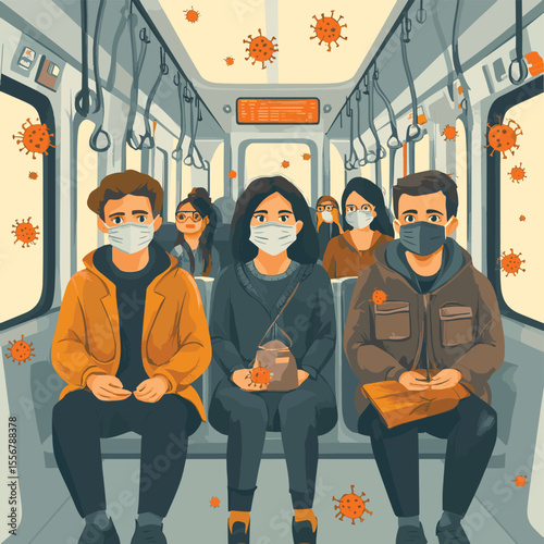 Illustration of diverse people in a train or subway car with face masks and virus particles, vector style simple color