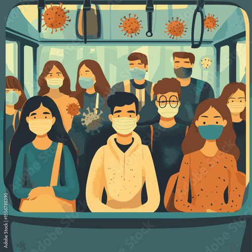 Illustration of diverse people in a train or subway car with face masks and virus particles, vector style simple color