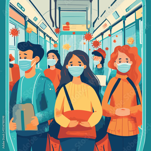 Illustration of diverse people in a train or subway car with face masks and virus particles, vector style simple color