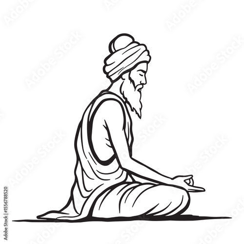 Black and white line art of a meditating spiritual guru in lotus position