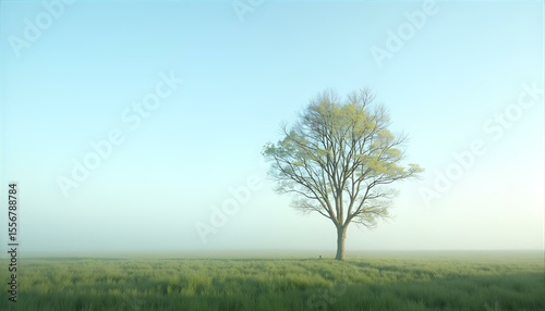 Lone Tree with Bare Branches in Misty Green Field Under Soft Blue Sky