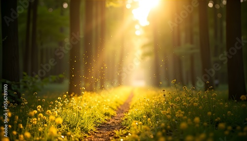 Fototapeta Naklejka Na Ścianę i Meble -  Sunlit Forest Path with Yellow Wildflowers and Bright Sunlight