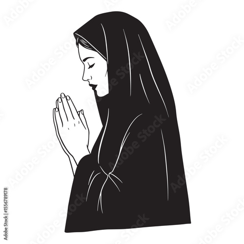Elegant black and white illustration of a woman praying in a headscarf against white background