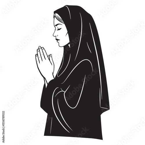 Elegant illustration of a woman in black hood praying with hands together