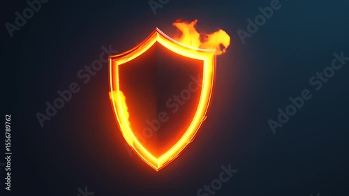 Glowing shield emblem with flames against a dark background, symbolizing protection and strength