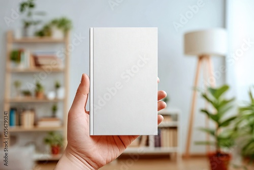 Hand holding a closed blank hardcover notebook with clean white cover and blank pages in modern home interior with plants and shelves in background